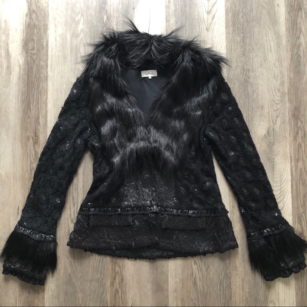 Delphine Black Fur Jacket Knit Bell Sleeve Faux S